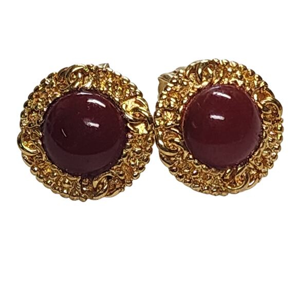 Chanel Red Cabochon Gold-Tone Clip-back Earrings, marked 96A - Picture 1 of 9